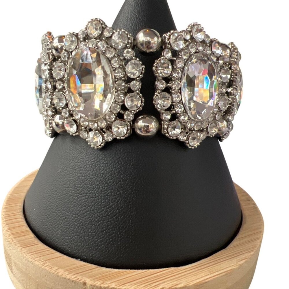 Miss C Silver Tone Stretch Bracelet Clear Rhinestones 1 3/8" Wide Sitting 6.5" N